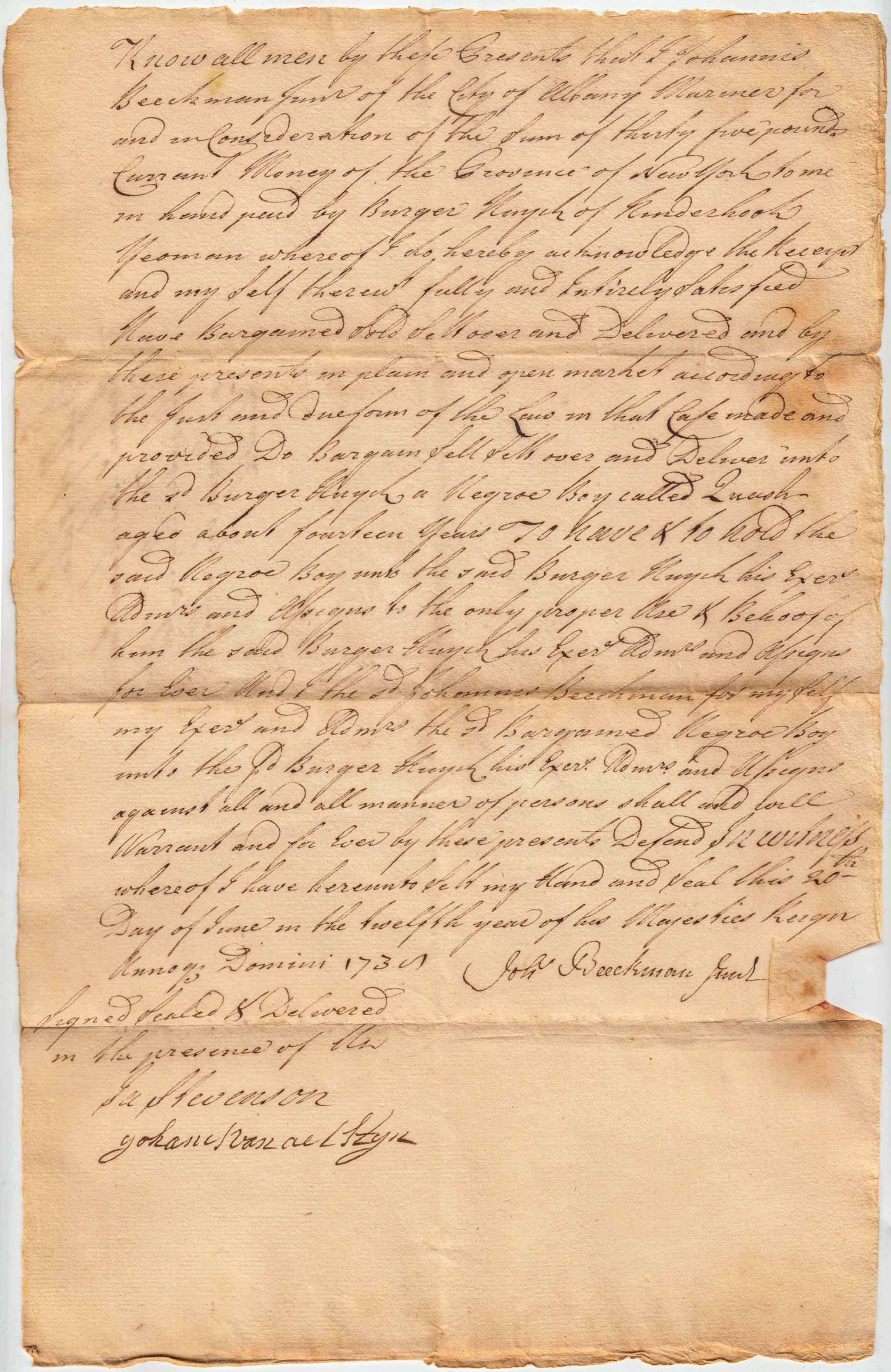 BH015 1739-06-20 Bill of Sale of Negro Boy, Quash, by Johannis Beeckman Jr. to Burger Huyck